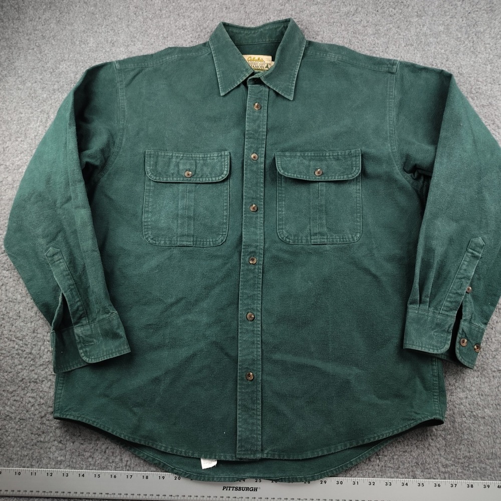 VTG Cabela's Chamois Flannel Shirt Mens Large Green Long Sleeve Cotton
